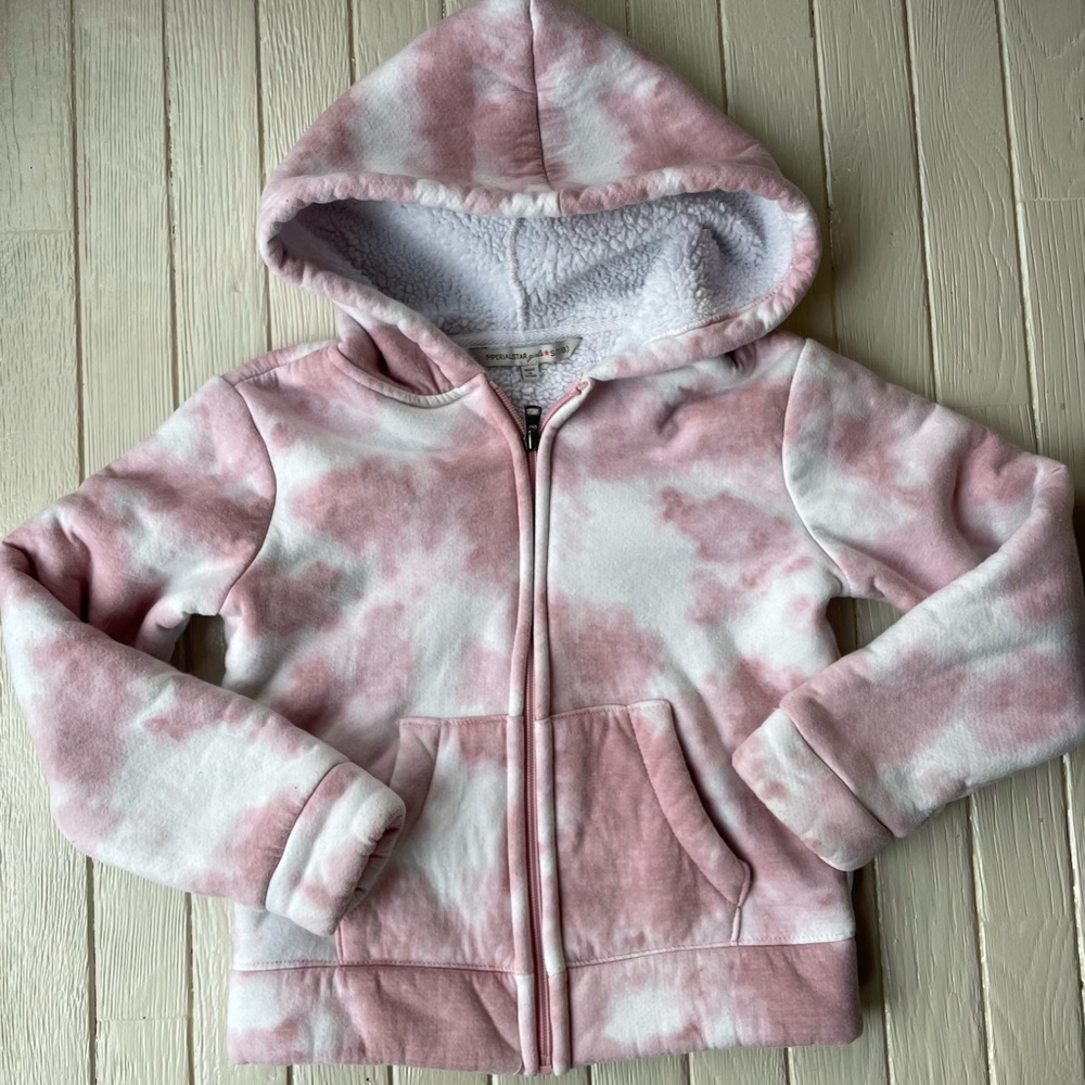 Girls Pink Marbled Sherpa-like Lined Hoodie Jacket Size 7 8 - Picture 2 of 9